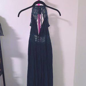 Open back navy maxi dress with crochet detail